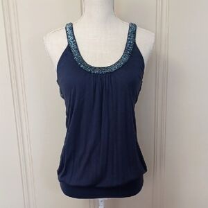 MM Couture By Miss Me Vintg. Y2k Beaded Drk. Blue WS Racer Back Top
